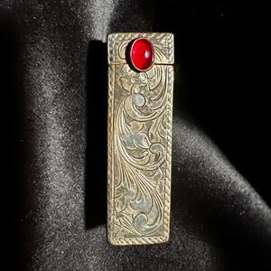 Italian vintage silver lipstick holder with mirror - red stone